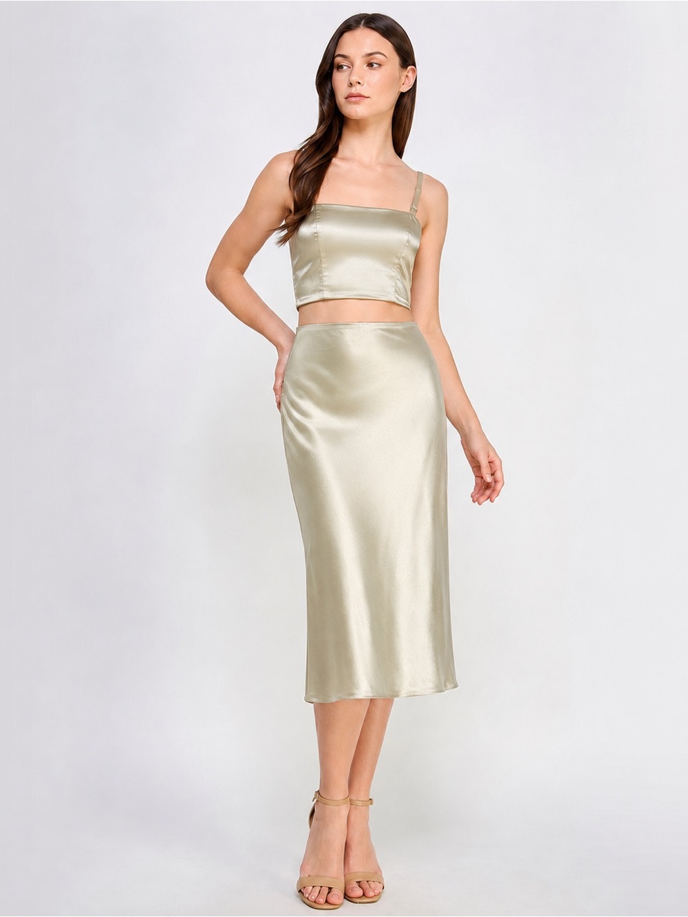 Altar'd State Green Champagne Satin Maxi Skirt and top